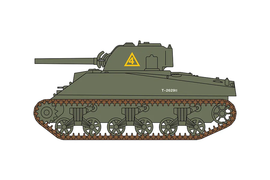 A side-profile digital illustration of a Sherman tank in olive green with a yellow triangle containing the number 4 on the turret.