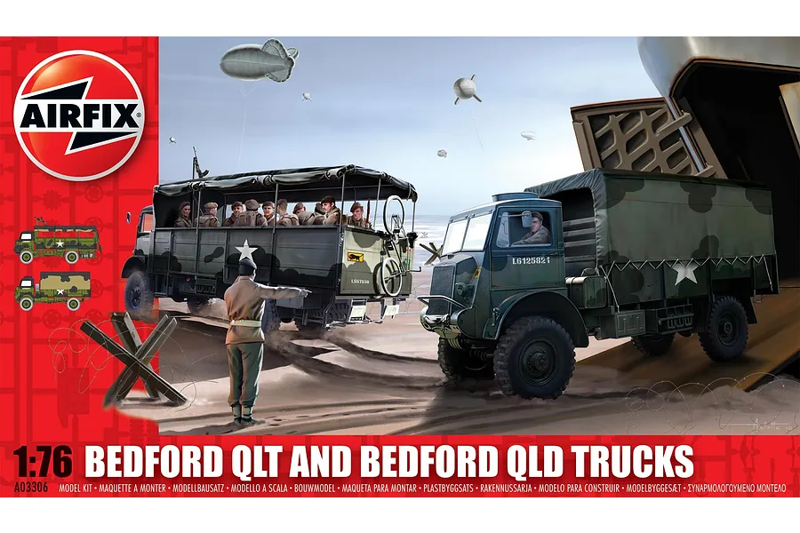 Airfix 1/76 scale Bedford QLT and QLD military truck model kit box art featuring illustrations of the trucks on a beach landing scene.