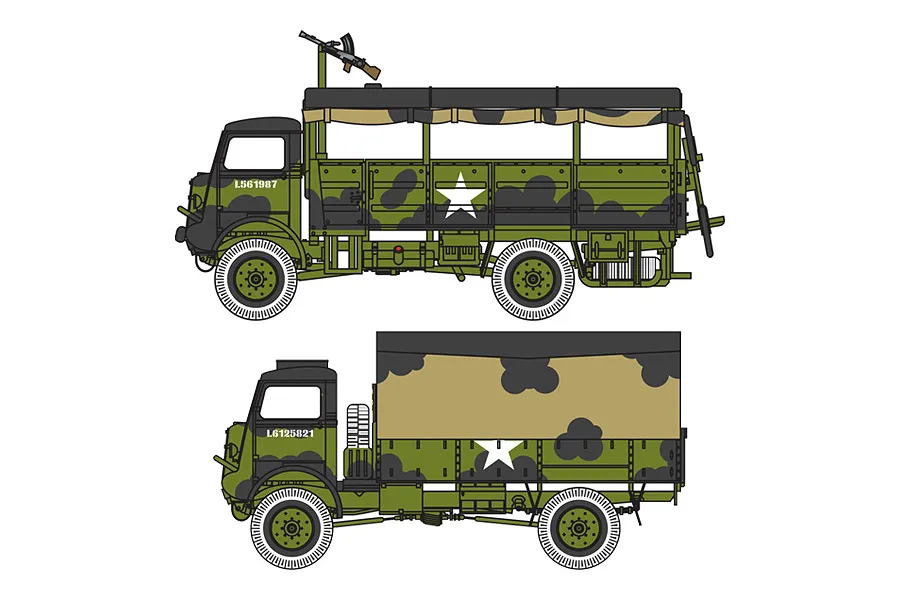 Side profile illustration of two Bedford military trucks in camouflage paint, showing one troop carrier version and one cargo truck version.