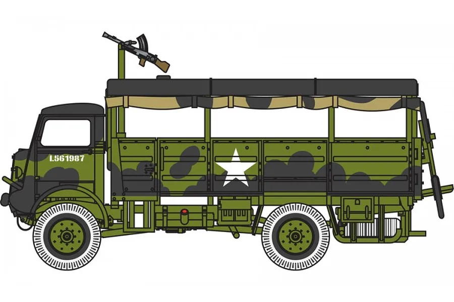 A side-profile digital illustration of a military Bedford truck in green and black camouflage with a white star on the side.
