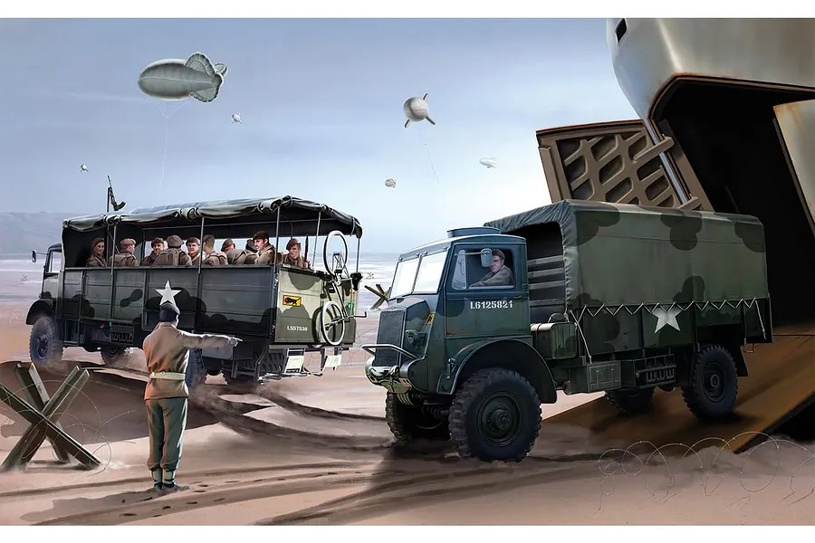 Box art illustration for Airfix 1/76 Bedford QLT and QLD trucks showing military vehicles on a beach with soldiers and barrage balloons.