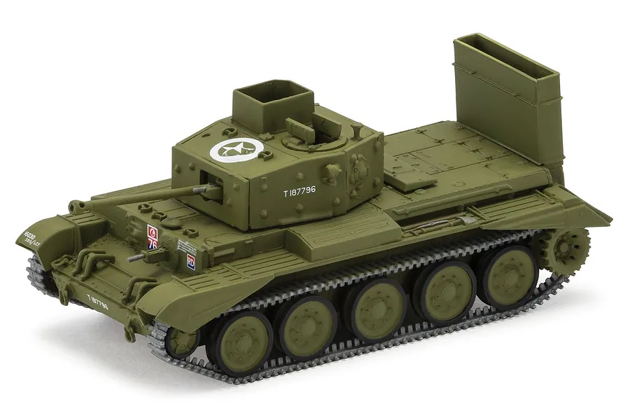 A 1/76 scale plastic model of a British Cromwell Cruiser tank in olive green, featuring detailed tracks, turret markings, and a rear wading trunk.