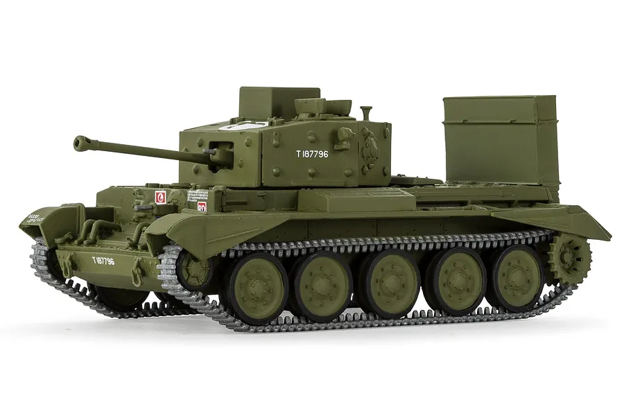 A side-profile view of an assembled and painted 1/76 scale Airfix Cromwell Cruiser tank model, featuring olive green camouflage and military markings.
