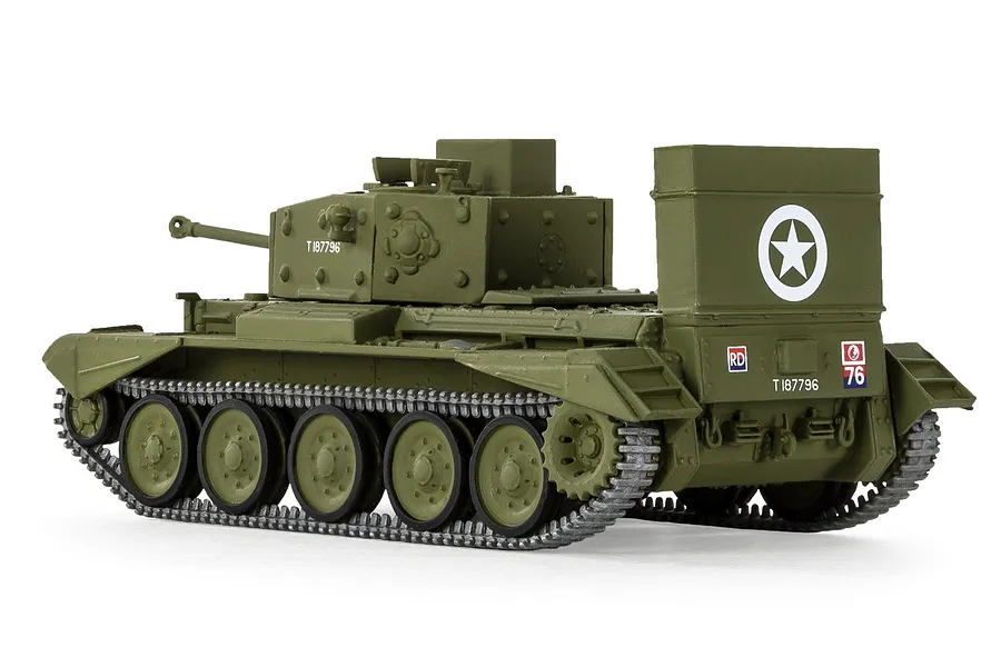 A side-rear view of an assembled and painted 1/76 scale Cromwell Cruiser tank model in olive green with a large rear storage bin.