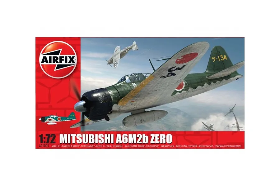 Airfix 1/72 scale Mitsubishi A6M2b Zero plastic model kit box art showing a green Zero fighter in flight.