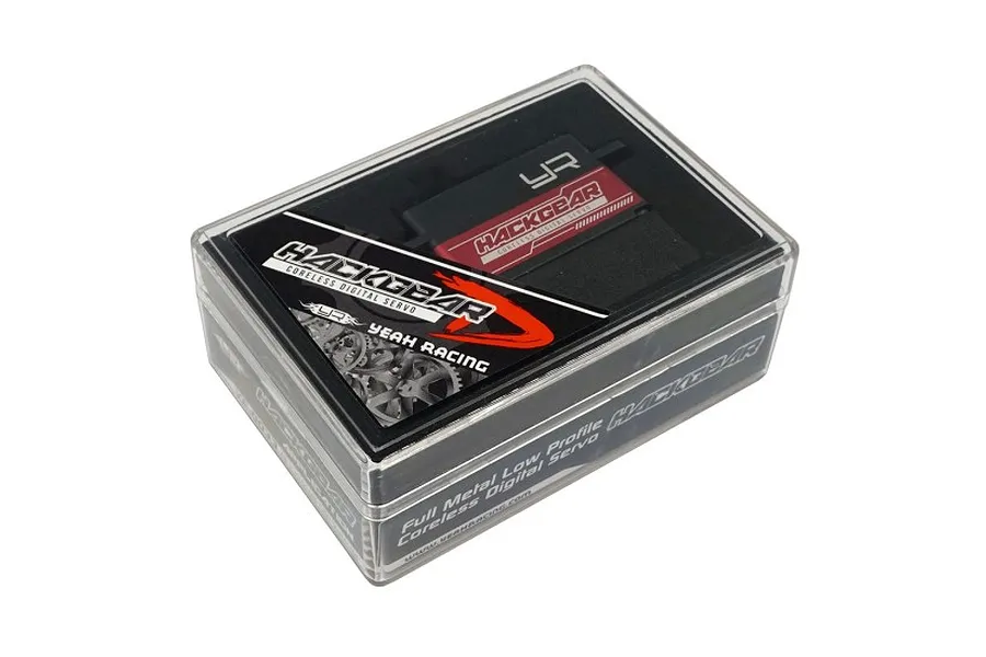 Yeah Racing Hackgear low profile coreless digital servo in its clear plastic display case.