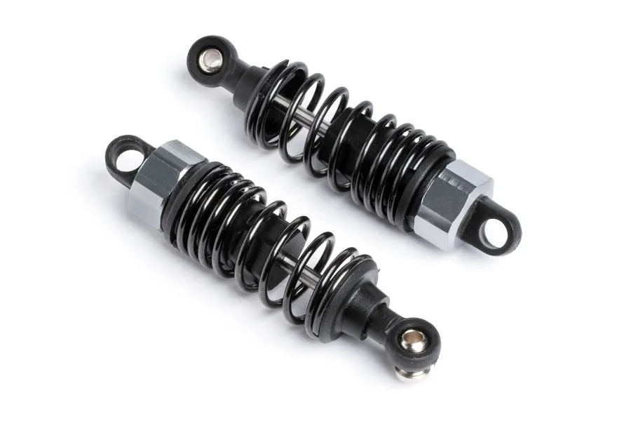 Two assembled black and silver RC shock absorbers for Maverick vehicles.