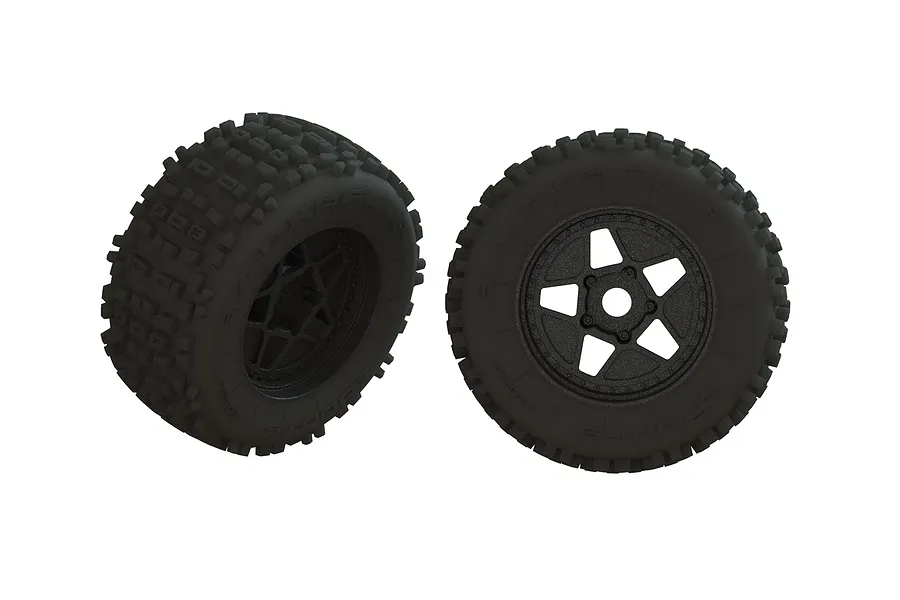 ARRMA 4.9&amp;quot; Dboots Back-Flip Tyres on Black 5 Spoke Rims w/ Foam Inserts - Glued Wheels 2Pcs image 47412
