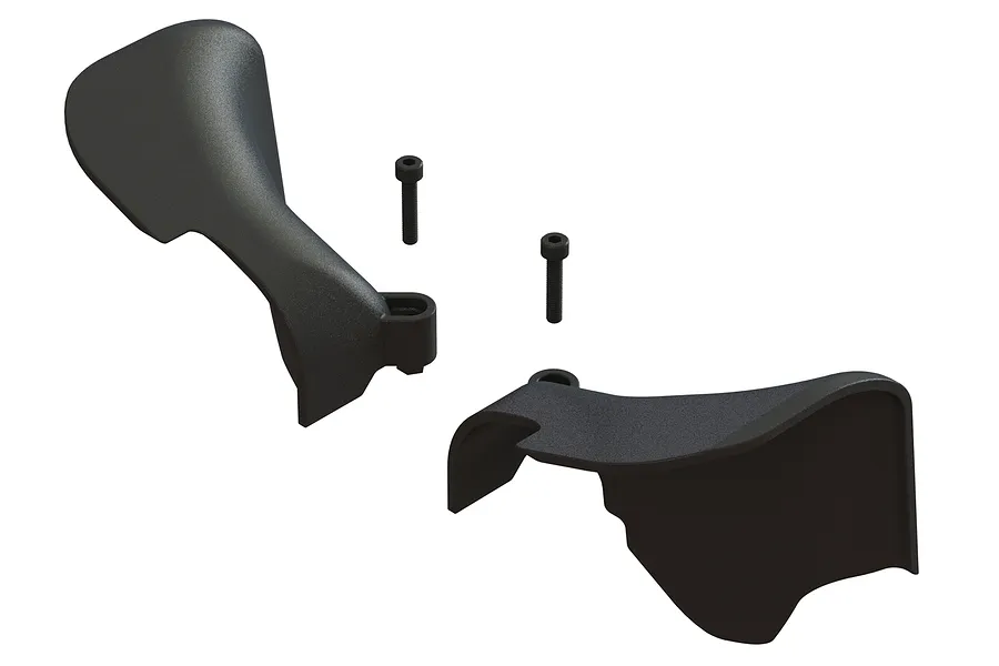 ARRMA 1/5 8S BLX stone guard set including two black plastic guards and two black hex head screws against a white background.