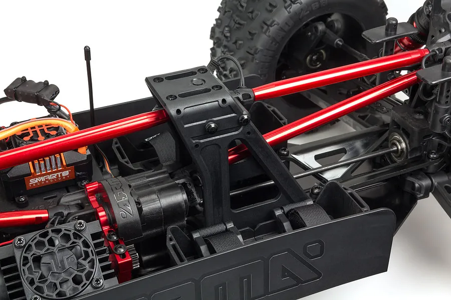 Close-up of the ARRMA 1/5 8S BLX centre chassis brace tower installed on an RC vehicle chassis.