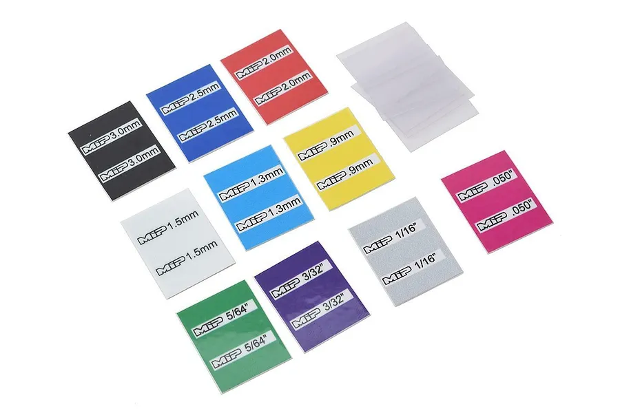 A set of colorful adhesive wraps for MIP hex drivers, featuring various sizes printed on labels in red, blue, yellow, green, purple, black, and white.
