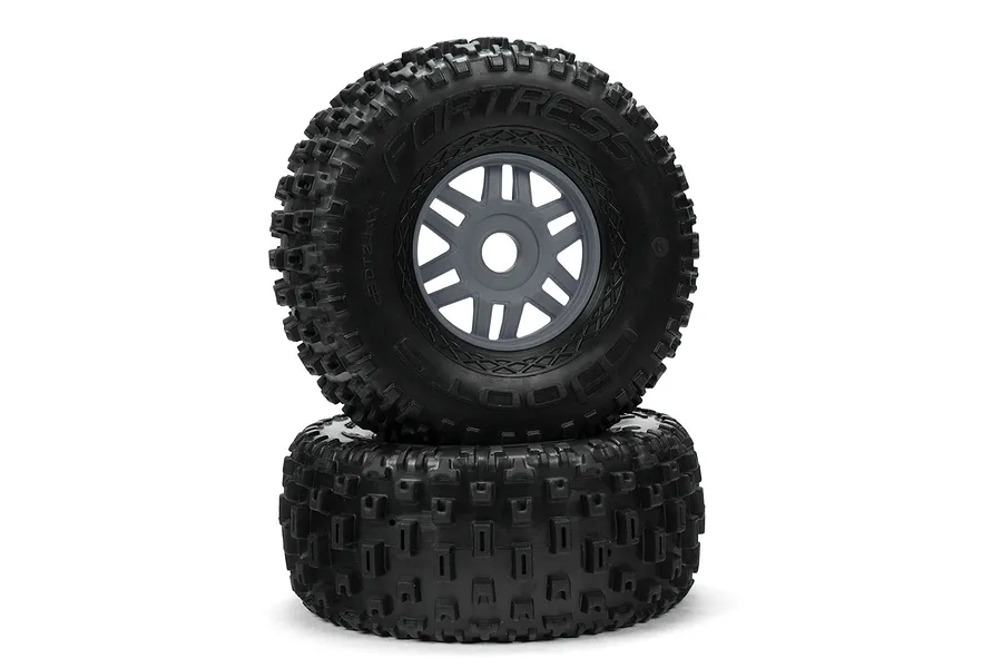 ARRMA 2.4/3.4&amp;quot; FORTRESS SC dBoots Tyres on Gunmetal Rims - Glued Wheels 2Pcs image 47650