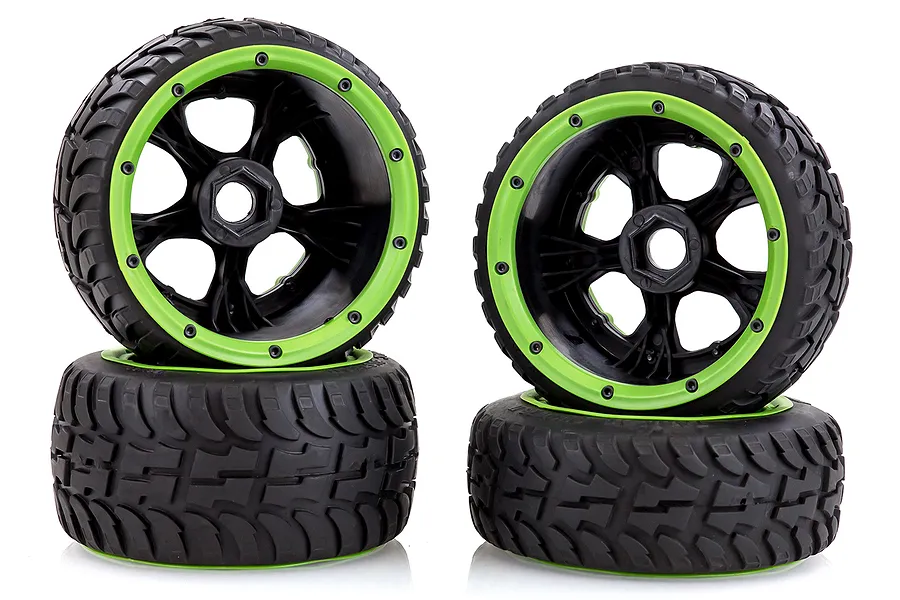 Rovan 4.7/5.5&amp;quot; Baja 5B Tarmac Buster II Tyres on Black Rims - Beadlocked Wheel Set w/ Green Beadlocks image 47744