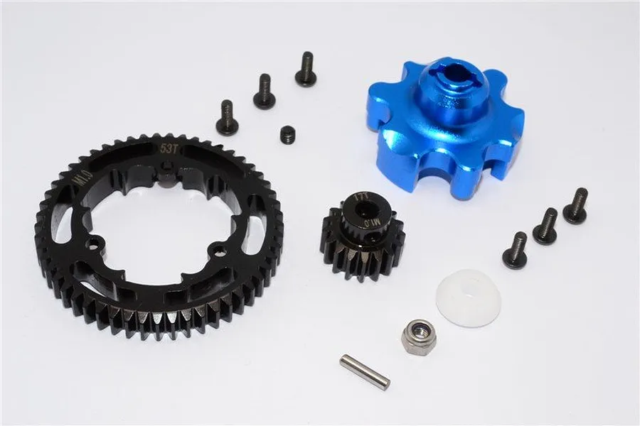 GPM HD Steel 17T/53T 1Mod Pinion &amp;amp; Spur Gear Set w/ Blue Aluminium Gear Adapter image 47745