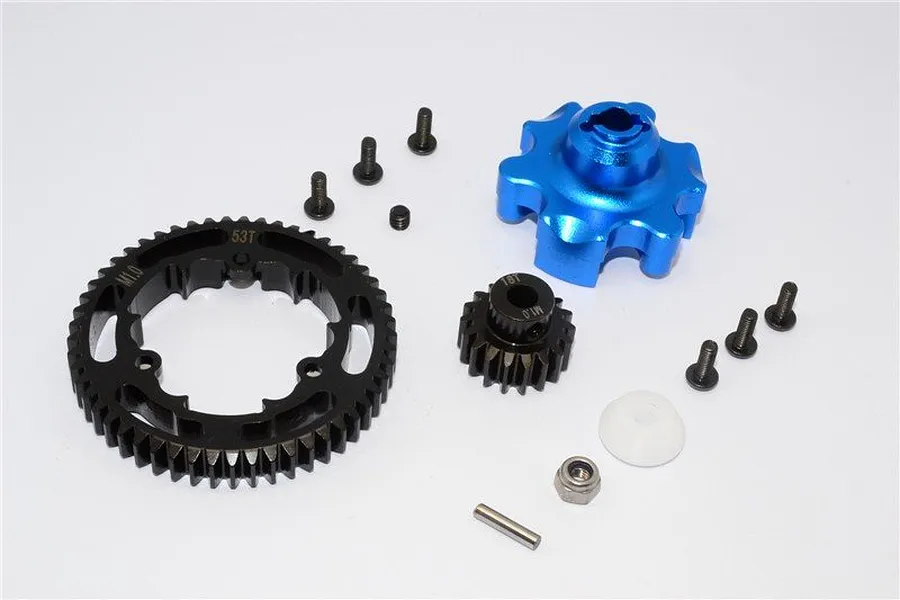GPM HD Steel 18T/53T 1Mod Pinion &amp;amp; Spur Gear Set w/ Blue Aluminium Gear Adapter image 47747