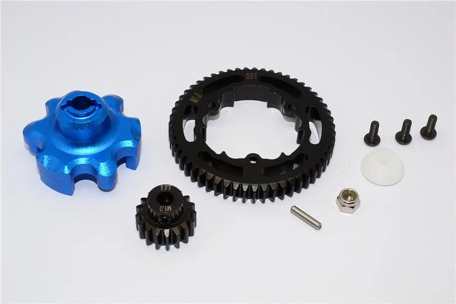 GPM HD Steel 17T/55T 1Mod Pinion &amp;amp; Spur Gear Set w/ Blue Aluminium Gear Adapter image 47750