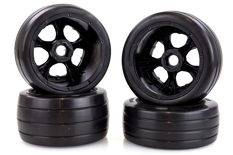 Rovan 4.7/5.5&amp;quot; Baja 5B Slick Tyres on Black Rims - Beadlocked Wheel Set image 47752