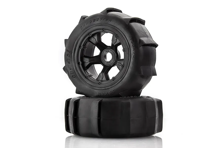 Rovan 4.7/5.5&amp;quot; Baja 5T/5SC Rear Sand Buster Tyres on Black Rims - Beadlocked Wheels 2Pcs image 47776