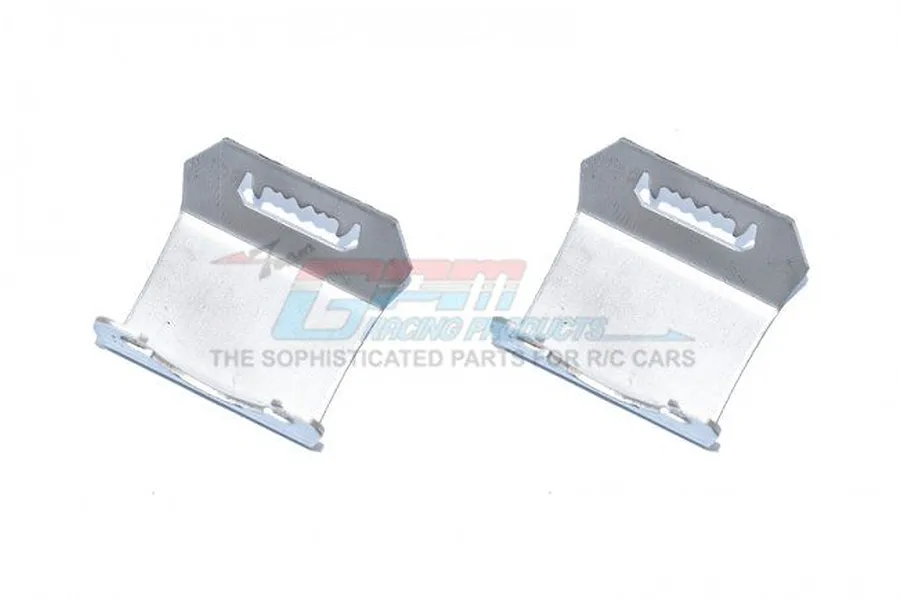 Two GPM Racing stainless steel gearbox skid plates for RC cars, shown against a white background with a faint watermark.