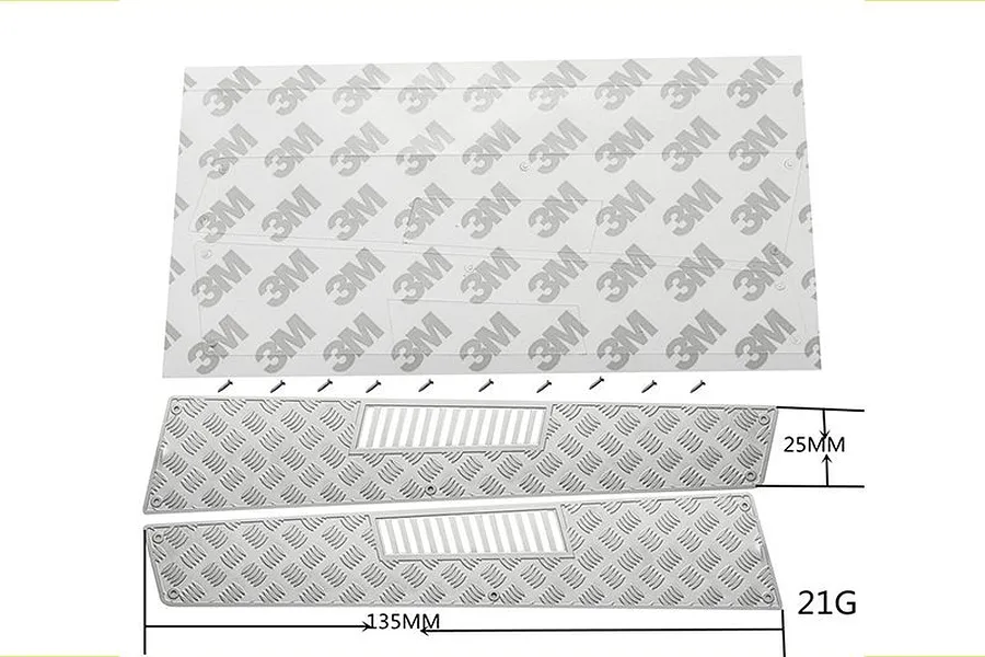 GPM Racing silver stainless steel tread plates for RC vehicle hoods with 3M adhesive backing and mounting screws.