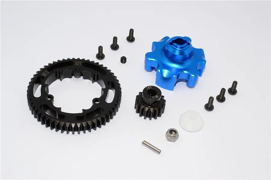GPM HD Steel 16T/53T 1Mod Pinion &amp;amp; Spur Gear Set w/ Blue Aluminium Gear Adapter image 48067