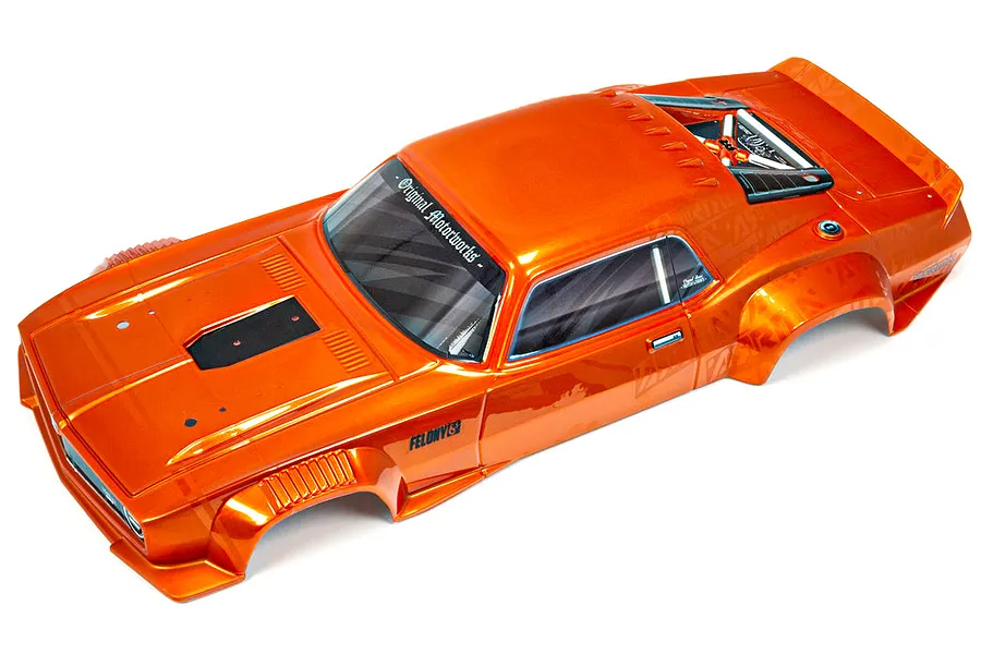 ARRMA 1/7 FELONY 6S BLX Trimmed Resto Mod Muscle Car Orange Painted Body Shell image 48100