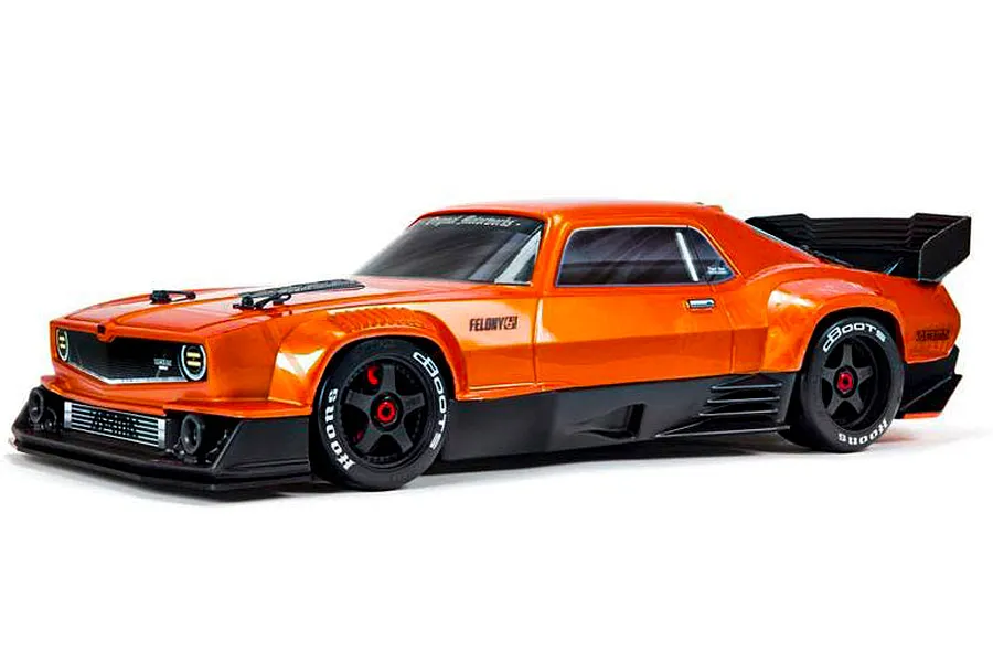 ARRMA 1/7 FELONY 6S BLX Trimmed Resto Mod Muscle Car Orange Painted Body Shell image 48102