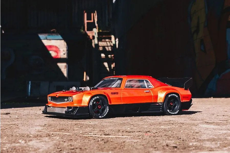ARRMA 1/7 FELONY 6S BLX Trimmed Resto Mod Muscle Car Orange Painted Body Shell image 48103