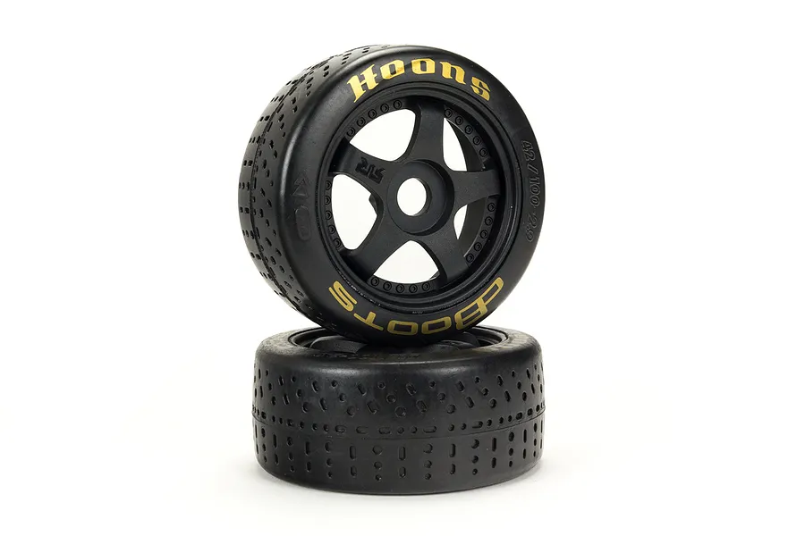 ARRMA 3.3&amp;quot; Belted 42/100 (Gold) dBoots Hoons Tyres on Black 5-Spoke Rims - Glued Wheels 2Pcs image 48155