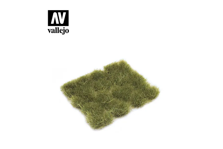 A set of Vallejo 12mm Dry Green Wild Tufts arranged in a cluster on a white background with the Vallejo logo in the top left corner.