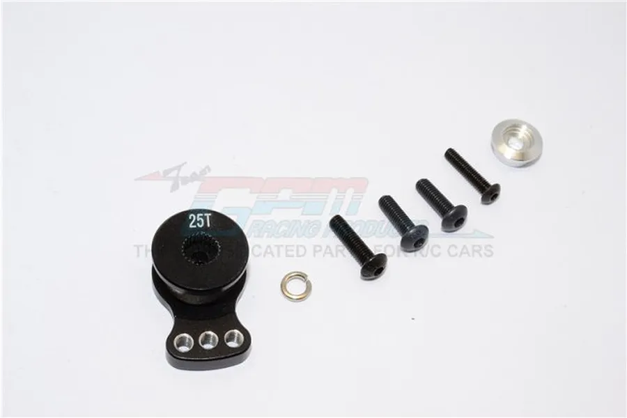 GPM Racing black aluminium 25T servo saver arm with included screws and hardware on a white background.