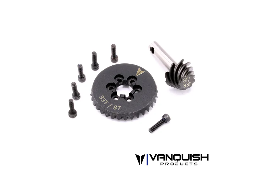 Vanquish 8T/33T machined underdrive crown and pinion differential gear set with included mounting screws on a white background.