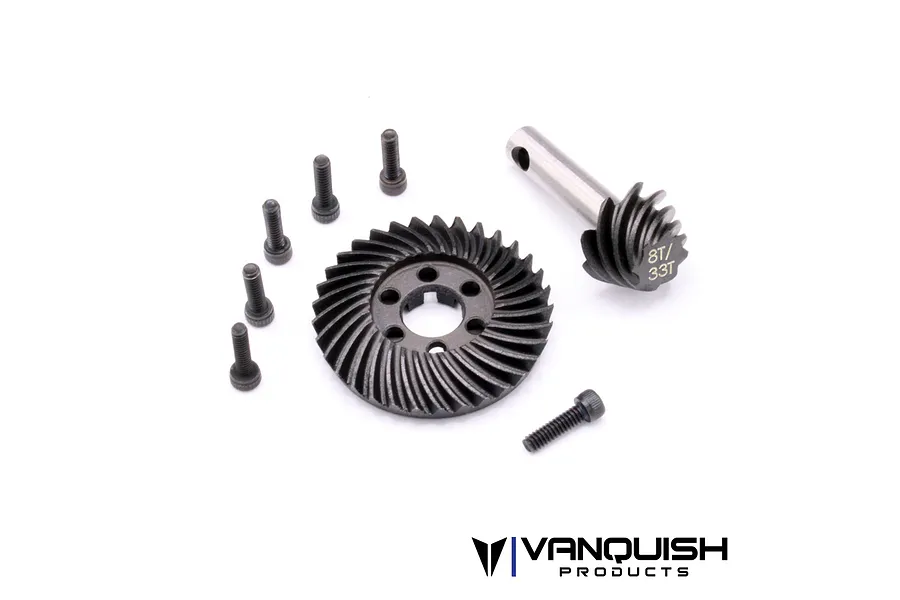Vanquish 8T/33T machined underdrive crown and pinion differential gear set with included mounting screws on a white background.