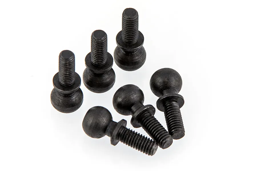 A set of six black metal ball studs for RC cars, arranged on a white background.