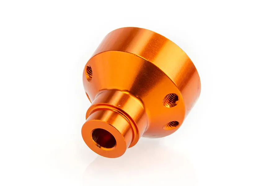 An orange anodized aluminium straight axle mount for an RC car, shown from a side angle against a white background.
