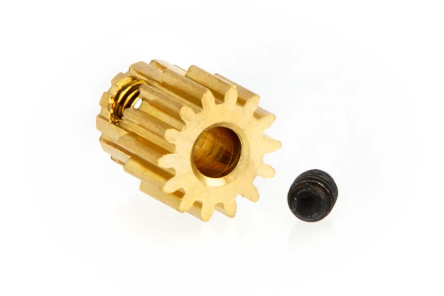 A brass 14-tooth pinion gear for RC cars, shown with a small black grub screw on a white background.