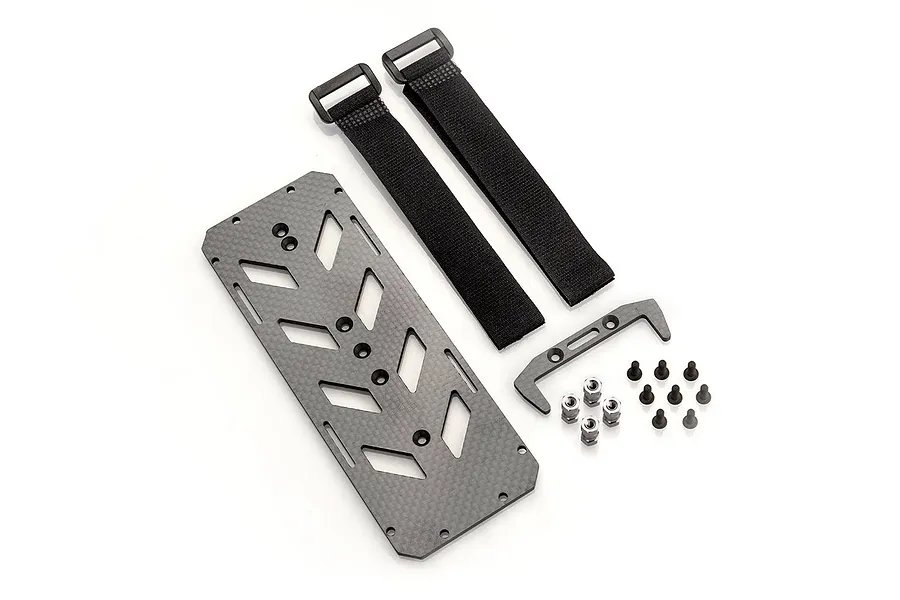 HSP carbon fibre battery tray set including a main plate, two black velcro straps, a small bracket, and various metal screws and spacers on a white background.