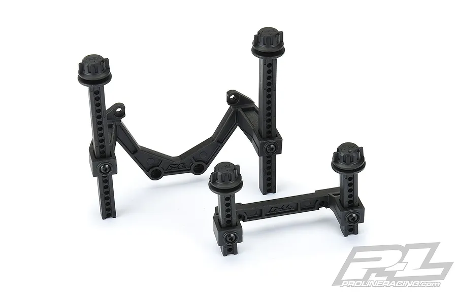 Pro-Line extended body mounts for RC vehicles, featuring black plastic uprights and mounting brackets on a white background.