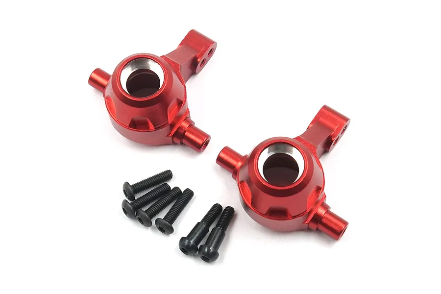 Two red anodized aluminium C-hubs for Tamiya TT-01 RC cars with included black mounting screws on a white background.
