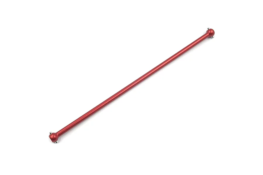 A red anodized aluminium main drive shaft for an RC car, featuring ball-joint ends with small metal pins.