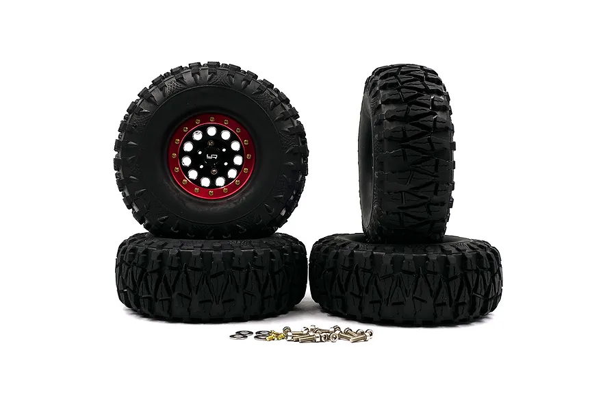Yeah Racing 1.9/4.5&amp;quot; Claw Tyres on Black &amp;amp; Red Aluminium F-RG 11 Hole Rims - Beadlock Wheel Set 4Pcs image 49351