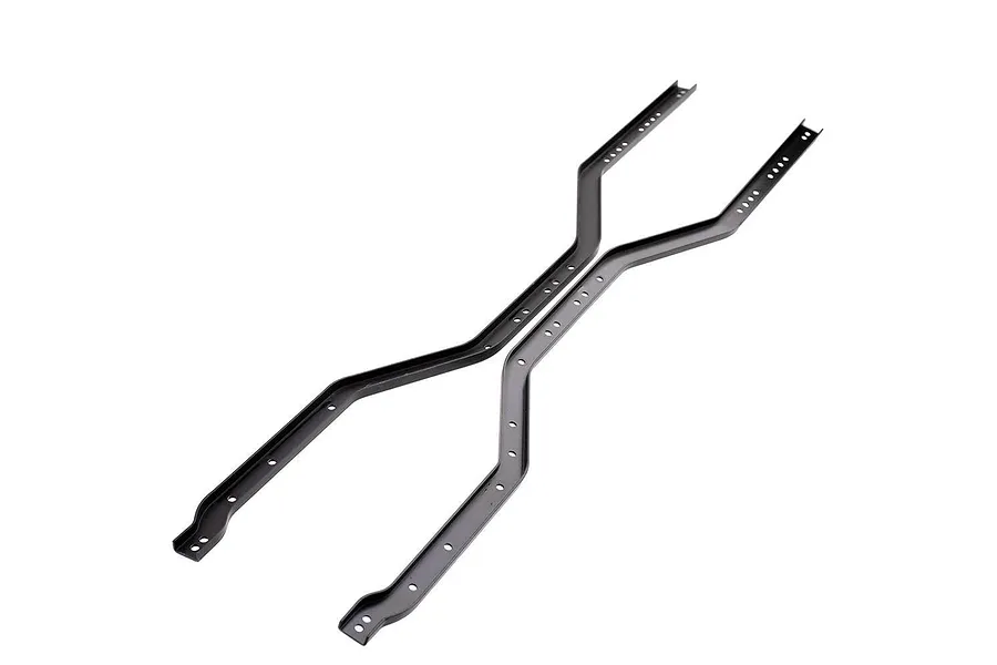 Two black metal RC chassis rails for HSP Pioneer, shown from an angled perspective against a white background.