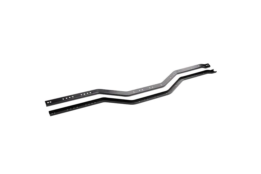Two black metal chassis side rails for an RC car, shown from an angled perspective against a white background.