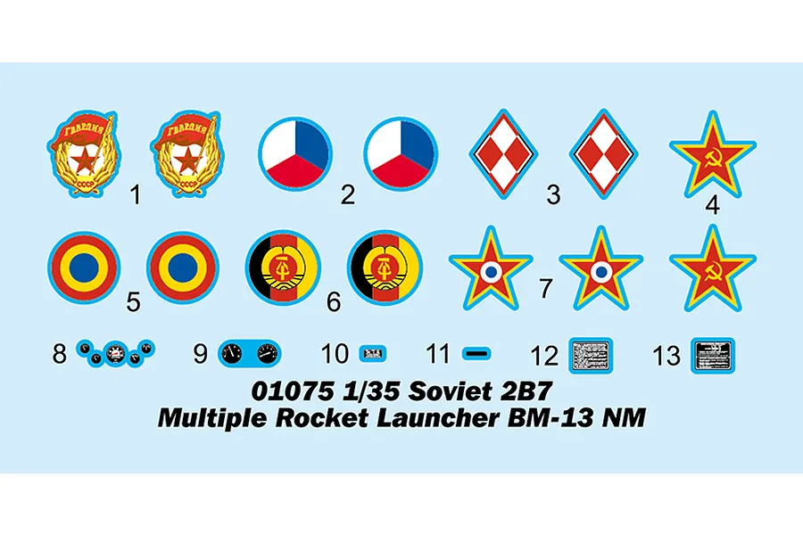A decal sheet for a 1/35 scale Trumpeter Soviet 2B7 Multiple Rocket Launcher BM-13 NM model kit, featuring various military insignia and dashboard gauges.