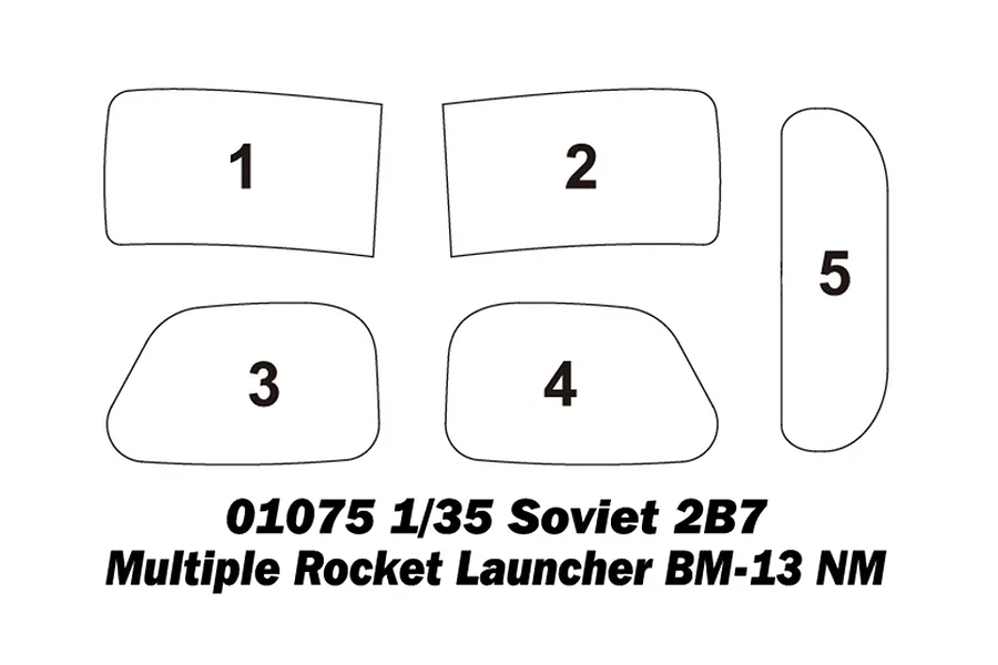 A diagram showing five numbered shapes representing parts for the Trumpeter 1/35 Soviet 2B7 Multiple Rocket Launcher BM-13 NM model kit.