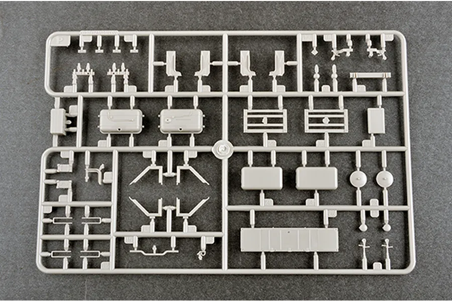 A grey plastic model kit sprue labeled P, containing various small parts for a 1/35 scale military model.