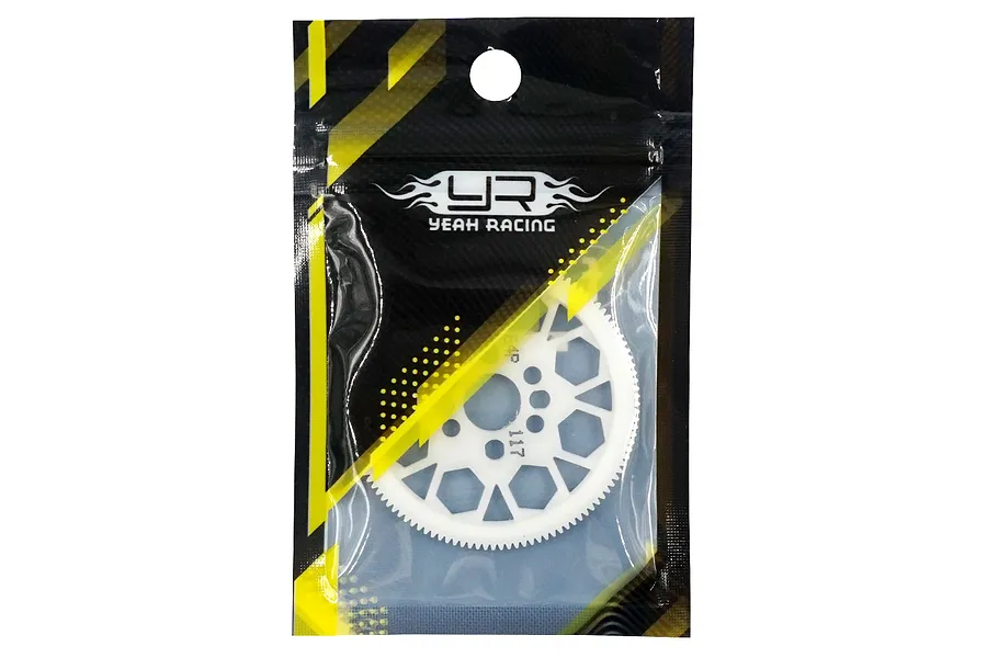 A white Delrin spur gear for RC drift cars, packaged in a branded Yeah Racing plastic bag.