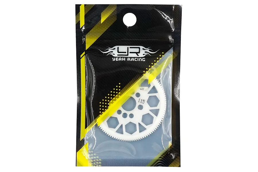 A white Delrin spur gear for RC drift cars, packaged in a branded Yeah Racing plastic bag.