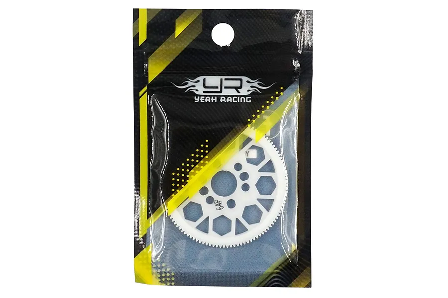 Yeah Racing Delrin spur gear in branded black and yellow retail packaging.