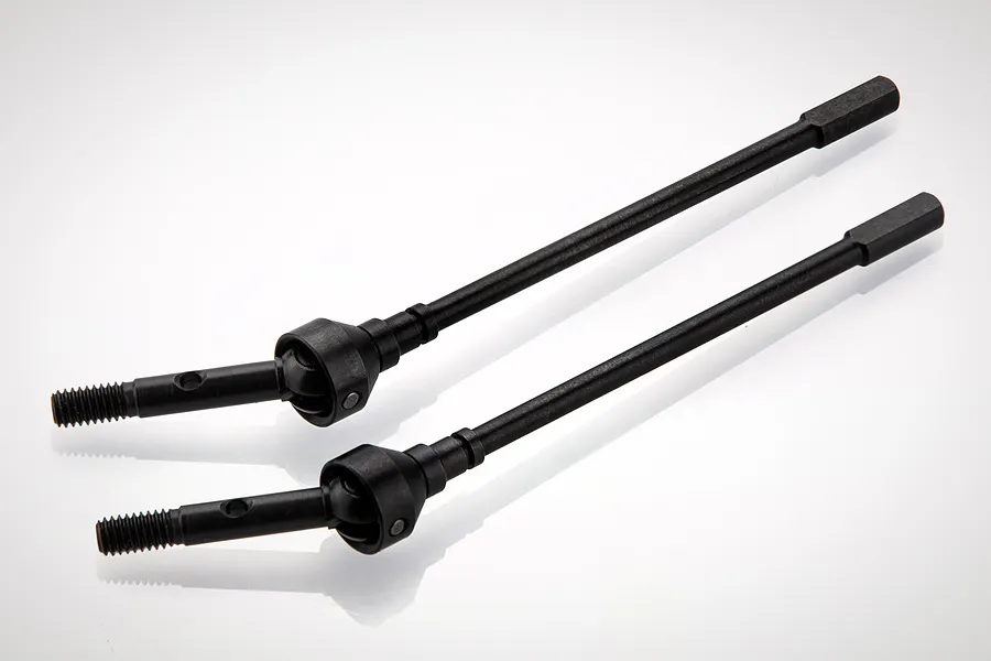 Two black metal front universal drive shafts for an RC car, shown against a plain white background.